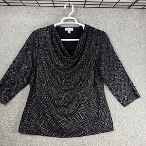 dressbarn Black and White Scoop Neck Blouse Glitter 3/4 Sleeve Party Holiday